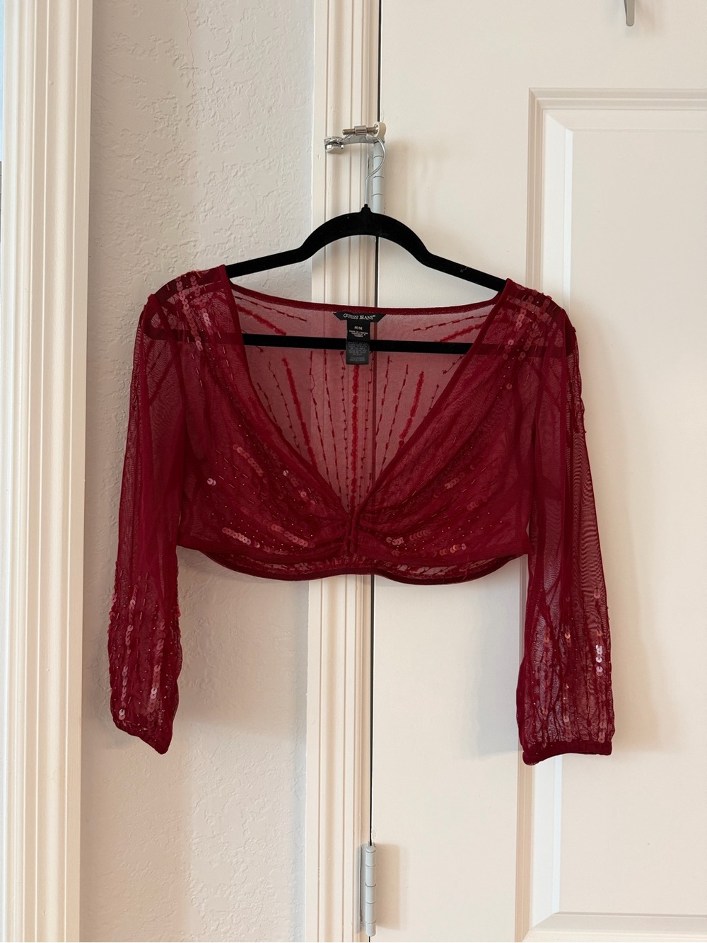 Guess Burgundy Sequin Mesh Crop Top - Guess